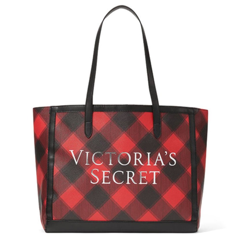 VICTORIA'S SECRET Plaid Carryall Tote Red Black OS NWT